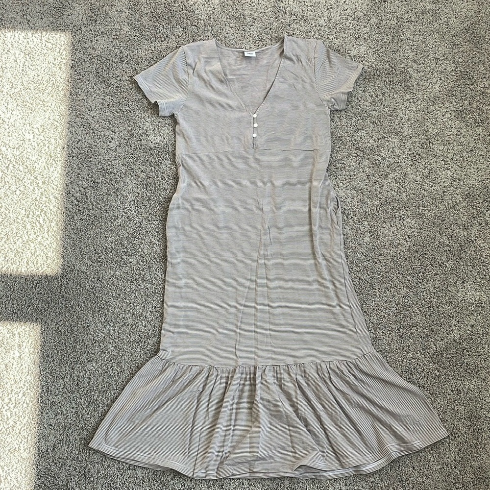 Smash & Tess Stripped Midi Length Dress with Henley V Neck Neckline
